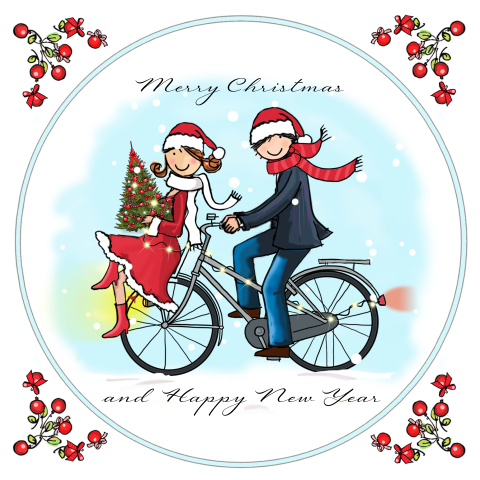 Vrolijke getekende kerstkaart met stelletje op fiets