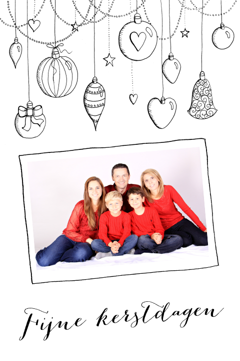 Kerstkaart kerstballen foto zwartwit