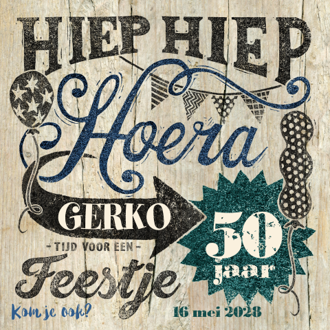 Uitnodiging verjaardag 50 jaar op hout met stempels