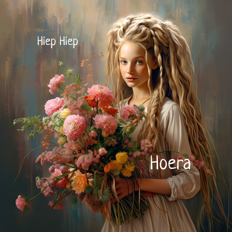 Wenskaart meisje met bloemen plukboeket