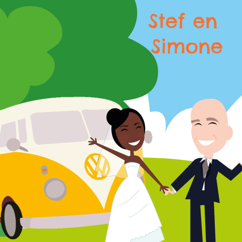 Trouwkaarten volkswagen t1 geel met eigen cartoons