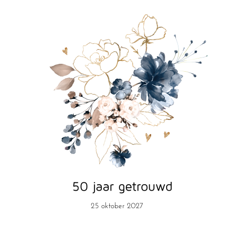 Jubileum uitnodiging 50 jaar bloemen blauw en goud