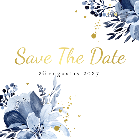 Stijlvolle trendy save the date met bladeren delftsblauw goudfolie