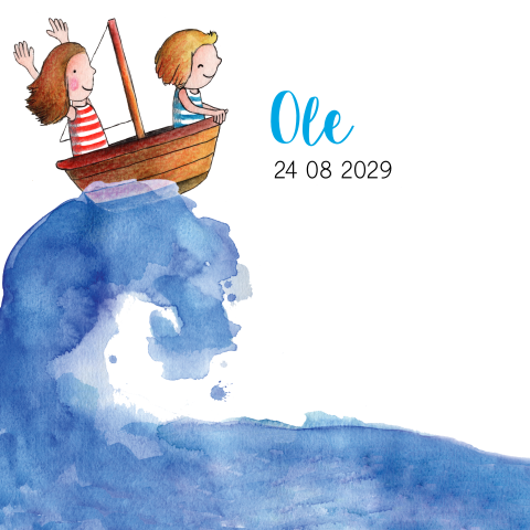 Geboortekaartje tweede kindje jongetje met grote zus in een boot