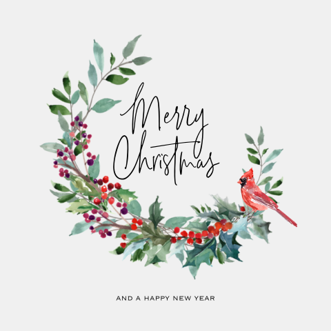 Kerstkaart met krans en vogeltjes