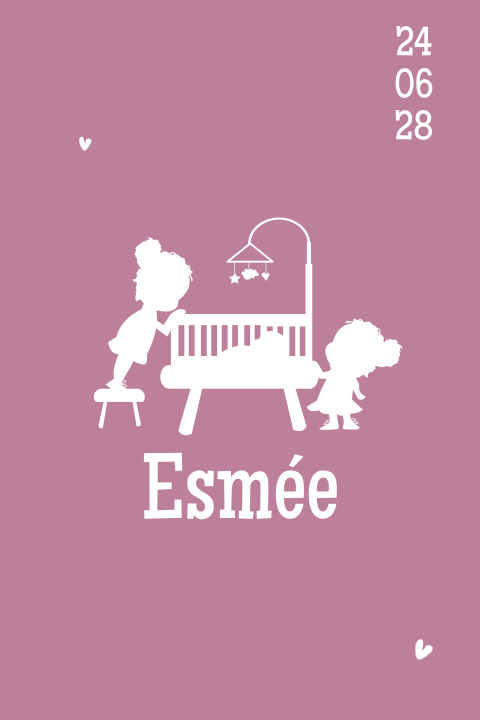 Geboortekaartje grote zussen wiegje zusjes 3e kindje silhouet
