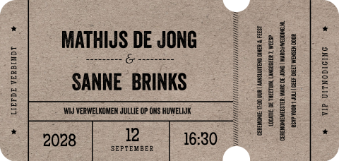 Hippe trouwkaart ticket vorm met kraft look