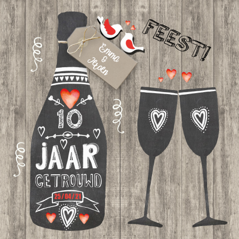 Uitnodiging huwelijksjubileum 10 schoolbord op hout