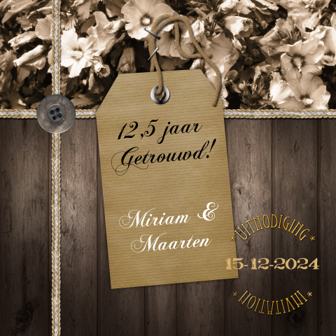 Vintage 12,5 jaar getrouwd kaart met bruin hout en bloemen