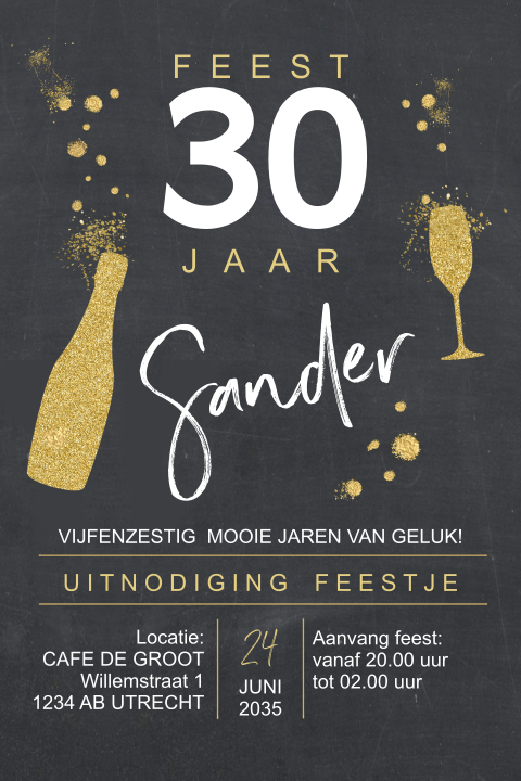 Hippe uitnodiging 30e verjaardag met glitterlook fles en glas