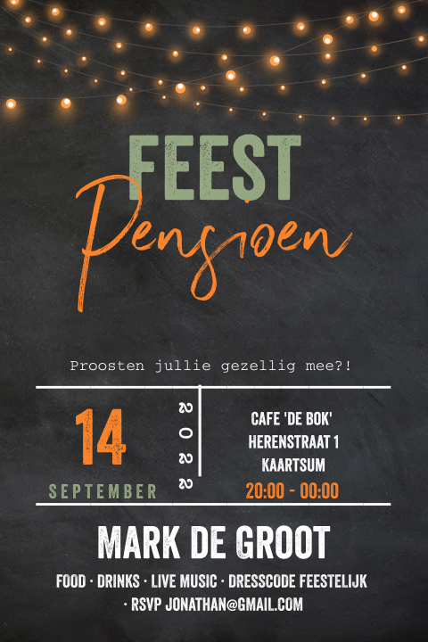 Uitnodiging pensioenfeest lampjes en krijtbord