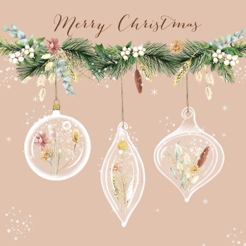 Kerstkaart met kerstballen droogbloemen