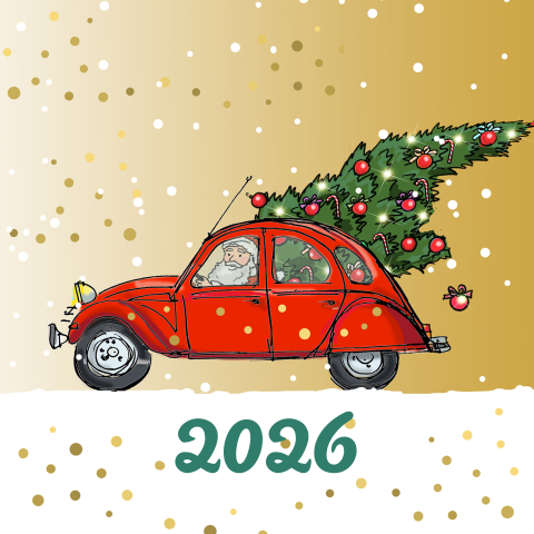 Auto kerstkaart met rode Citroen Eend 2cv