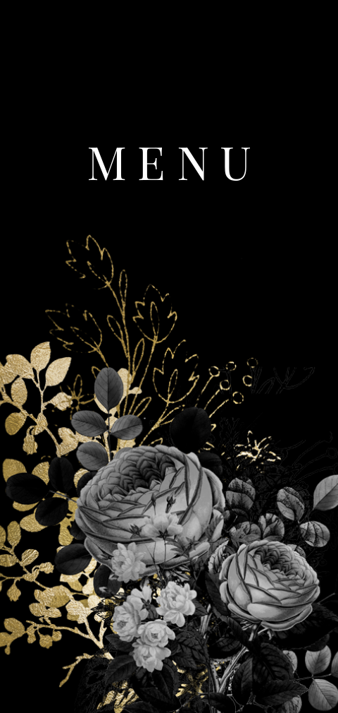 Menukaart met bloemen zwarte achtergrond en goudlook