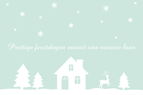 Kerstkaart verhuiskaart huisje sneeuw mint