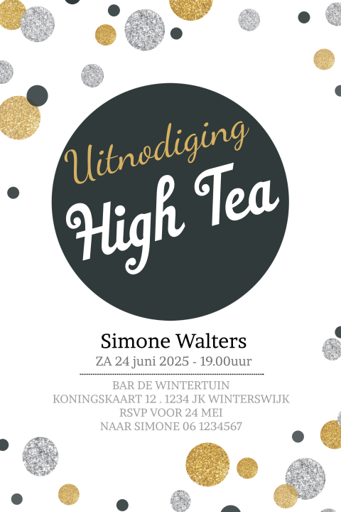 Uitnodiging high tea met confetti in zilver en goudlook