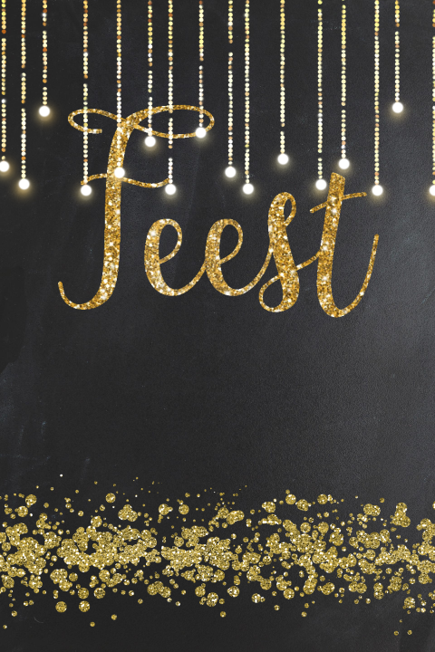 Verjaardagsuitnodiging 75 jaar met gouden glitters op krijtbord