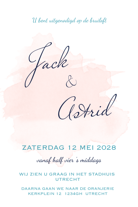 Trouwkaart enkel uitnodiging waterverf roze