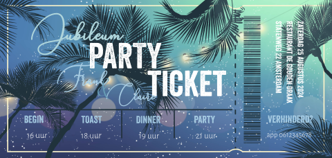 Jubileum uitnodiging ticket festival style palmbomen