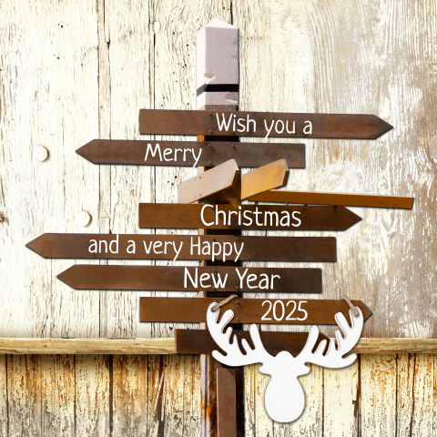 Kerstkaart houtlook wegwijzer met eland