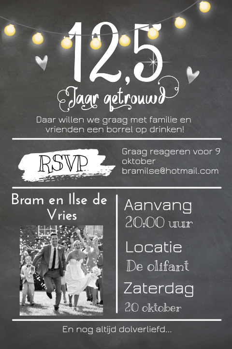 Uitnodiging met 12,5 getrouwd jaartal op krijtbord met typografie