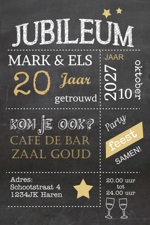 Uitnodigingskaart 20 jarig huwelijksjubileum feest op schoolbord