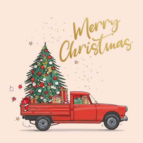 Zakelijke kerstkaart met stoere Peugeot pickup rood
