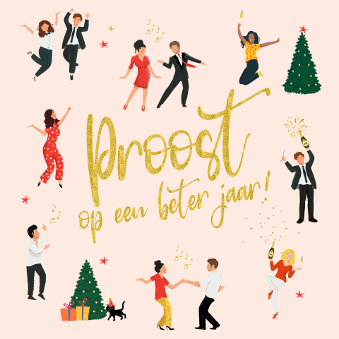 Leuke kleurrijke kerstkaart met poppetjes en glitters