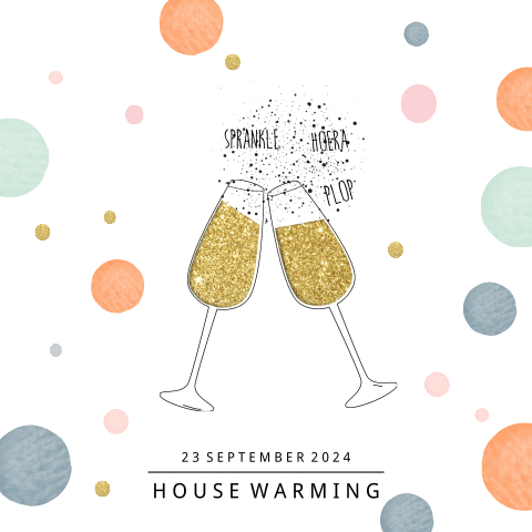 House warming party uitnodiging hip champagne glazen