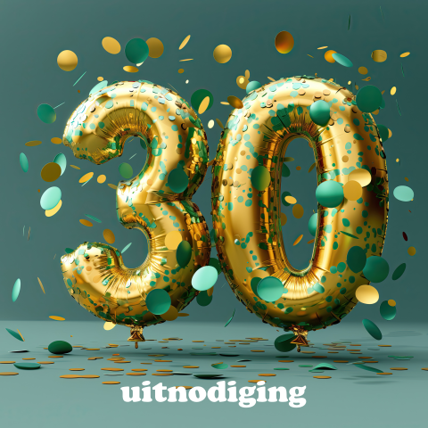 Uitnodiging verjaardag 30 jaar ballonnen goud en confetti