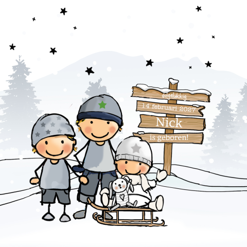 Derde kindje geboortekaartje winter thema met slee