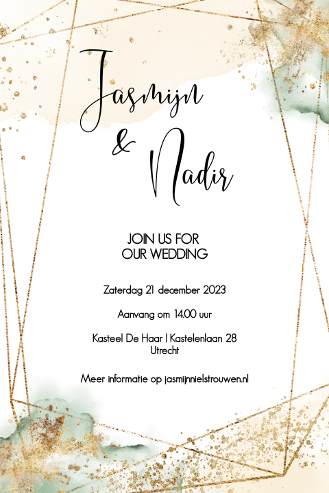 Trouwkaart geometrisch met pastel groen en goud