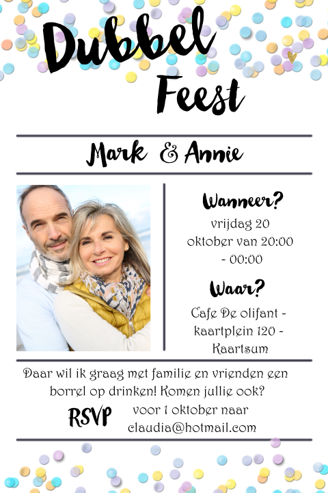Uitnodiging dubbel feest met lichte kleuren confetti en typografie