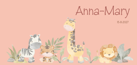 Hip getekend geboortekaartje meisje met jungle dieren