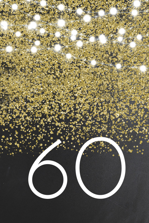 Uitnodiging 60 jaar met gouden glitters op krijtbord