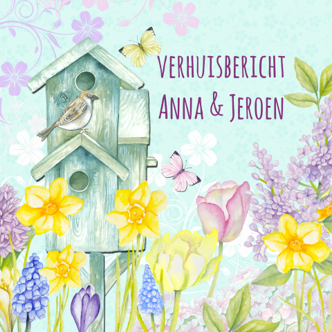 Verhuiskaart verhuisd vogelhuis bloemen