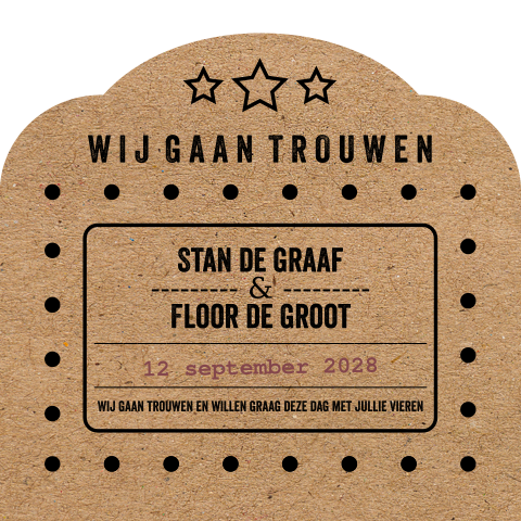 Trouwkaart ticket festival met kraft look achtergrond