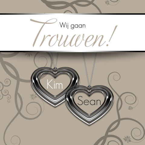 Trouwkaart beige twee harten hangers