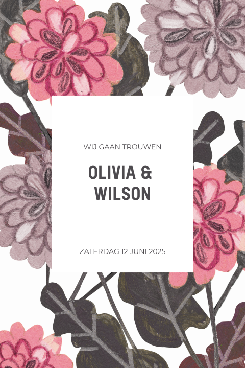 Geschilderde trouwkaart met geschilderde bloemen in een roze en grijs