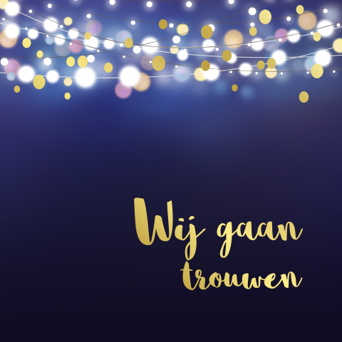 Trouwkaart stringlights met goudfolie