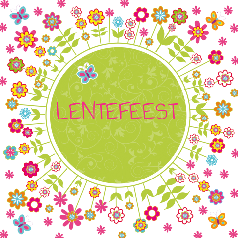 Tekst lentefeest kaartje meisje met kleurrijke bloemen