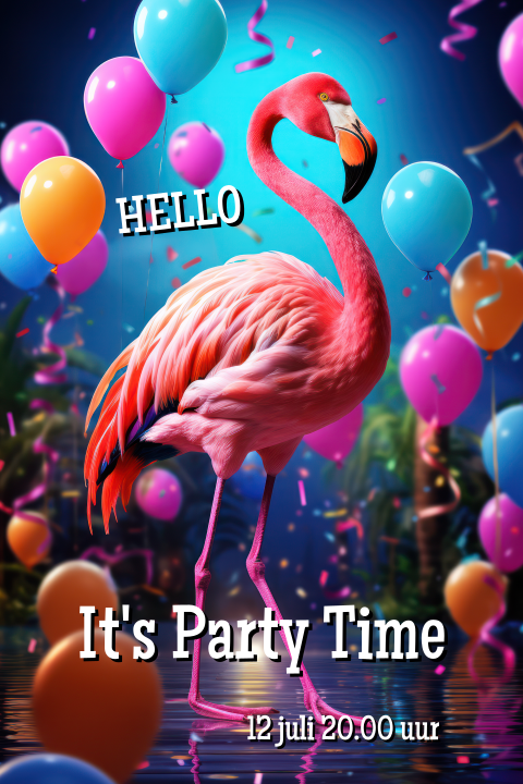 Uitnodiging met FLAMINGO en ballonnen