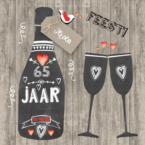 Uitnodiging verjaardag 65 jaar schoolbord op hout