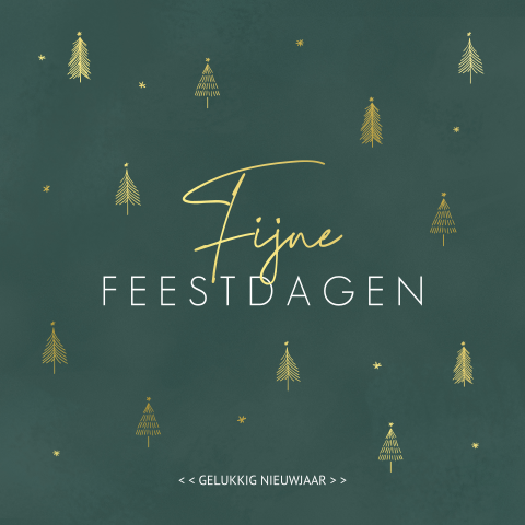 Kerstkaart goudfolie met sterren en kerstboompje