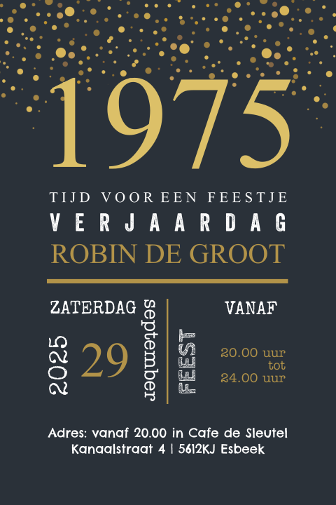 Uitnodiging 50e verjaardag staand 1975 zwart goud