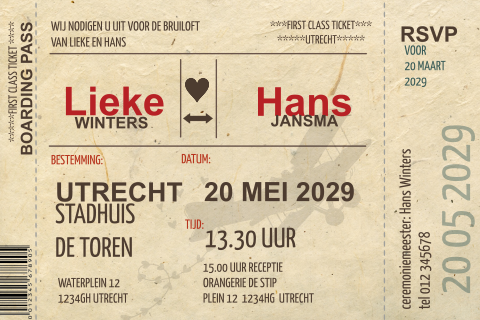 Liggende enkele trouwkaart vliegticket rood en kraft