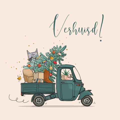 Getekende combi kerst verhuiskaart Vespa Ape groen