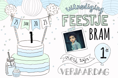 Kinderfeestje uitnodiging taart blauw mint foto