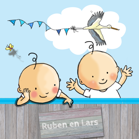 Getekend geboortekaartje jongens tweeling