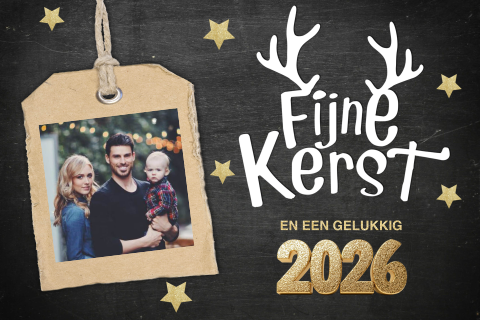Kerstkaart zwart goud gewei met label